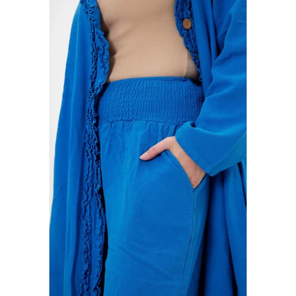 Keten tek düğmeli fırfılı oversize ikili takım-Mavi
