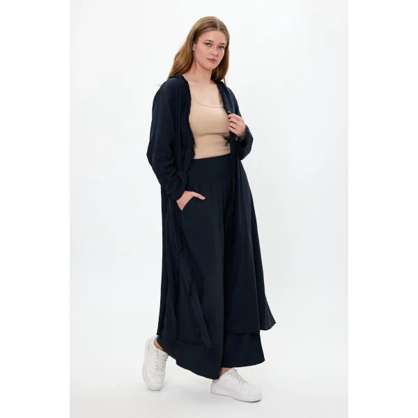 Keten tek düğmeli fırfılı oversize ikili takım-Siyah