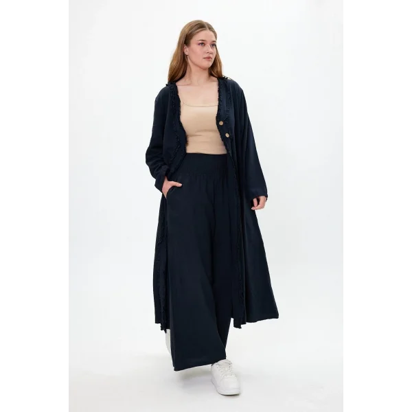 Keten tek düğmeli fırfılı oversize ikili takım-Siyah