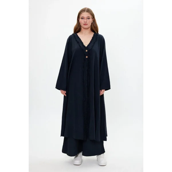 Keten tek düğmeli fırfılı oversize ikili takım-Siyah