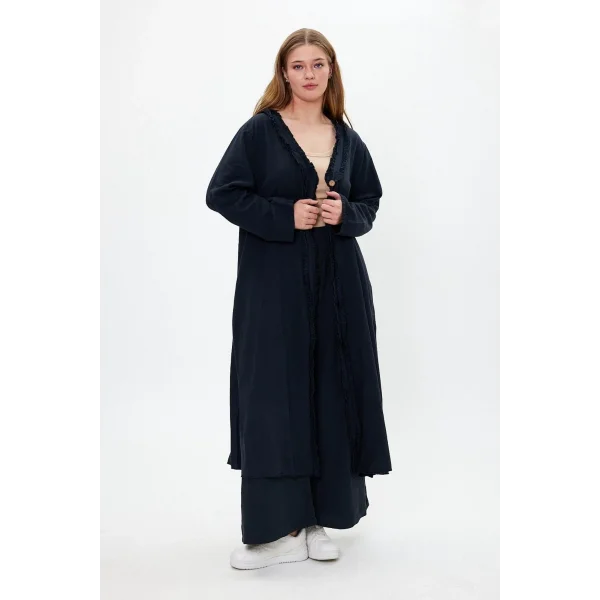 Keten tek düğmeli fırfılı oversize ikili takım-Siyah