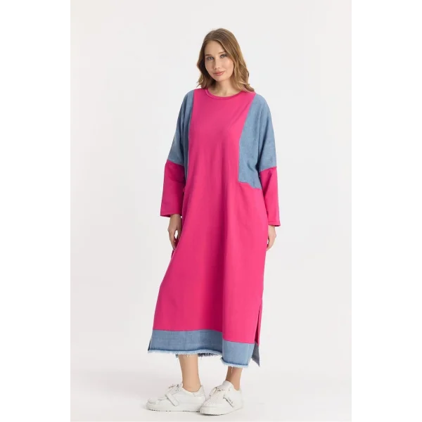 Kot parçalı oversize elbise-Pembe
