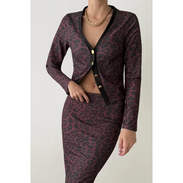 Leopar Desenli Hırka Etek Takım-Bordo