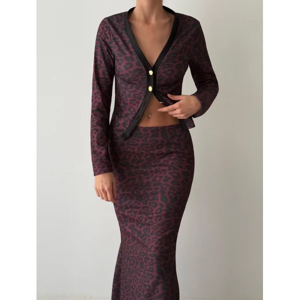 Leopar Desenli Hırka Etek Takım-Bordo