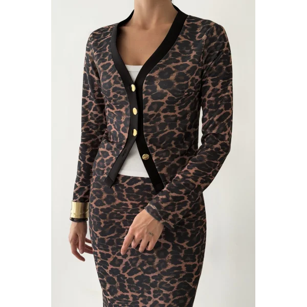 Leopar Desenli Hırka Etek Takım-Kahve