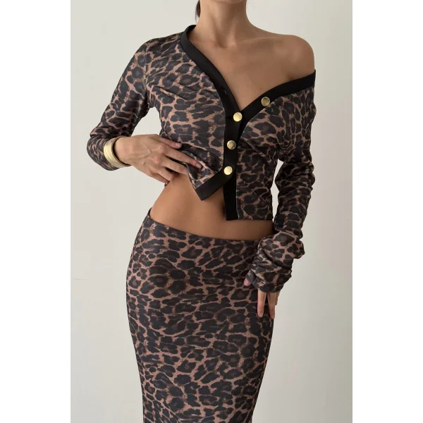 Leopar Desenli Hırka Etek Takım-Kahve