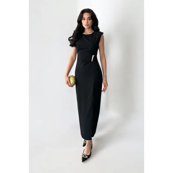 Linda Elegance Yırtmaç Detaylı Midi Abiye Elbise-Siyah