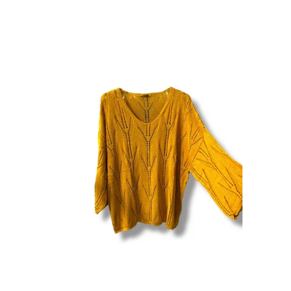 Oversize Ajurlu Merserize Triko Bluz Kadın V Yaka (38-52 Beden Uyumlu)-altın
