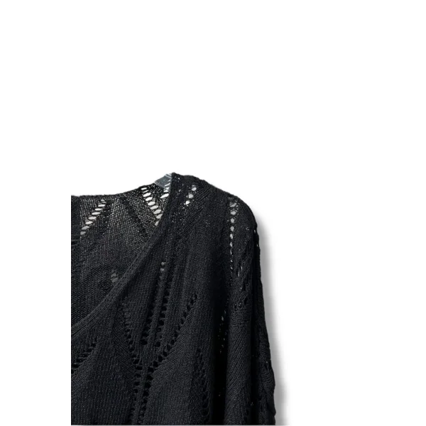 Oversize Ajurlu Merserize Triko Bluz Kadın V Yaka-siyah