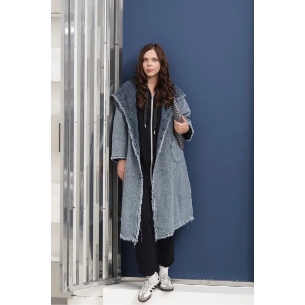 Oversize Kadın Kot Kapüşonlu Uzun Ceket - 38-46 Beden Arası Uyumlu - Günlük Rahat Şık