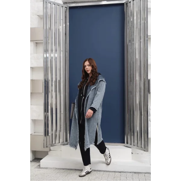 Oversize Kadın Kot Kapüşonlu Uzun Ceket - 38-46 Beden Arası Uyumlu - Günlük Rahat Şık