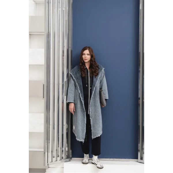 Oversize Kadın Kot Kapüşonlu Uzun Ceket - 38-46 Beden Arası Uyumlu - Günlük Rahat Şık