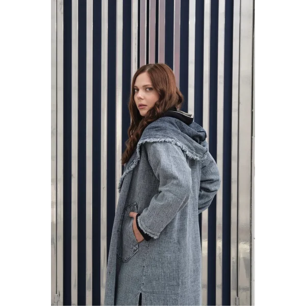 Oversize Kadın Kot Kapüşonlu Uzun Ceket - 38-46 Beden Arası Uyumlu - Günlük Rahat Şık