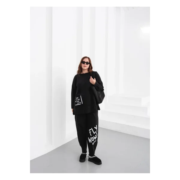 Oversize Siyah Eşofman Takımı - FLY WOW! Yazılı (38-46 Beden Uyumlu)