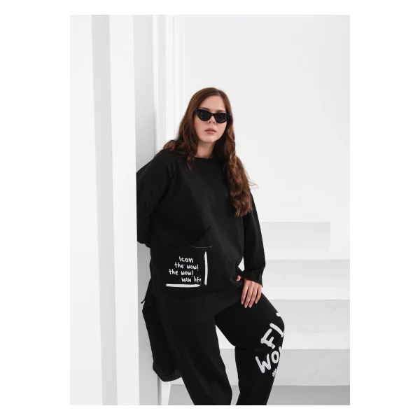 Oversize Siyah Eşofman Takımı - FLY WOW! Yazılı (38-46 Beden Uyumlu)