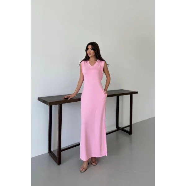 Pamuk V Yaka Yırtmaçlı Uzun Elbise-pembe