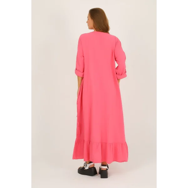 Pamuklu Kadın Uzun Tam Boy Triko Detaylı Elbise-Pembe