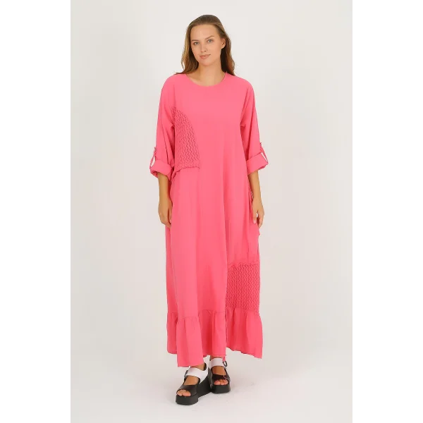 Pamuklu Kadın Uzun Tam Boy Triko Detaylı Elbise-Pembe