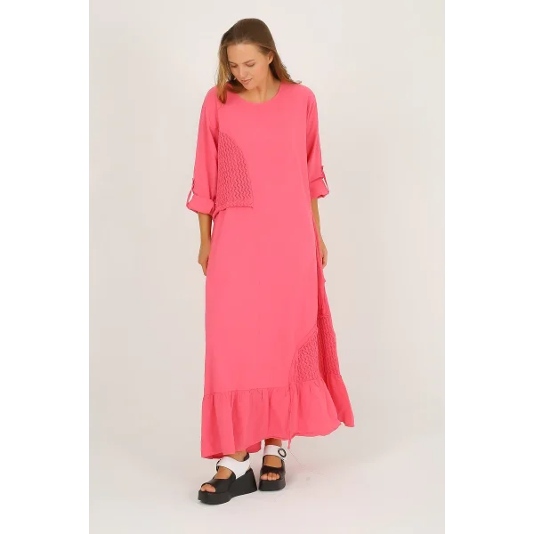 Pamuklu Kadın Uzun Tam Boy Triko Detaylı Elbise-Pembe