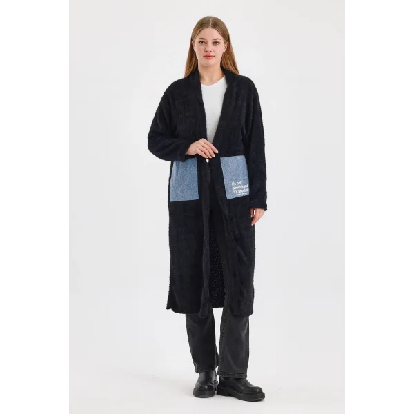 Peluş Kot Garnili Kaftan-Siyah