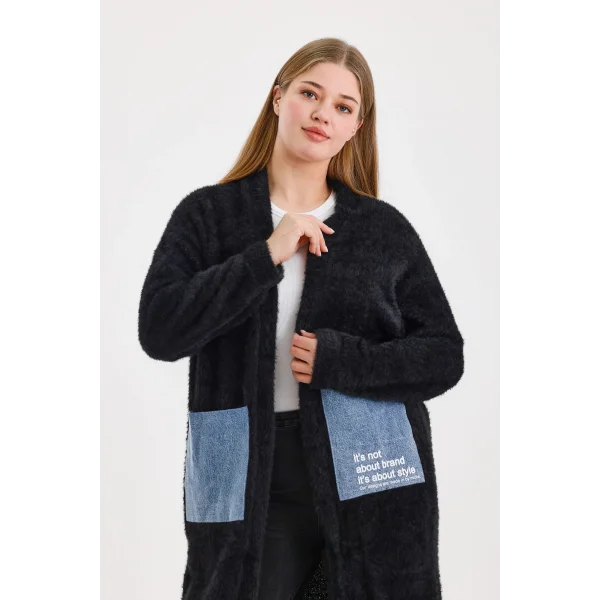 Peluş Kot Garnili Kaftan-Siyah