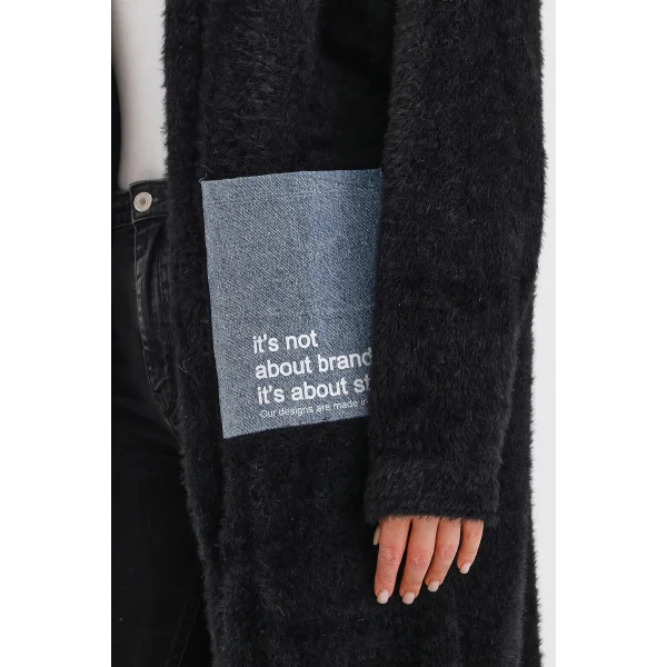 Peluş Kot Garnili Kaftan-Siyah