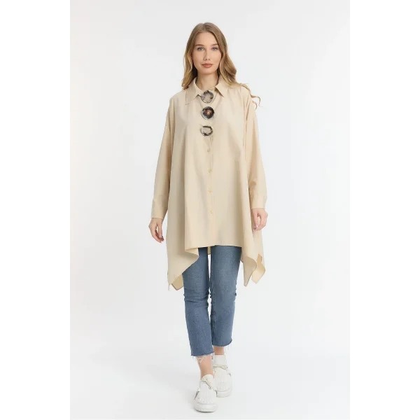 Sardunya oversize uzun tunik gömlek-Krem