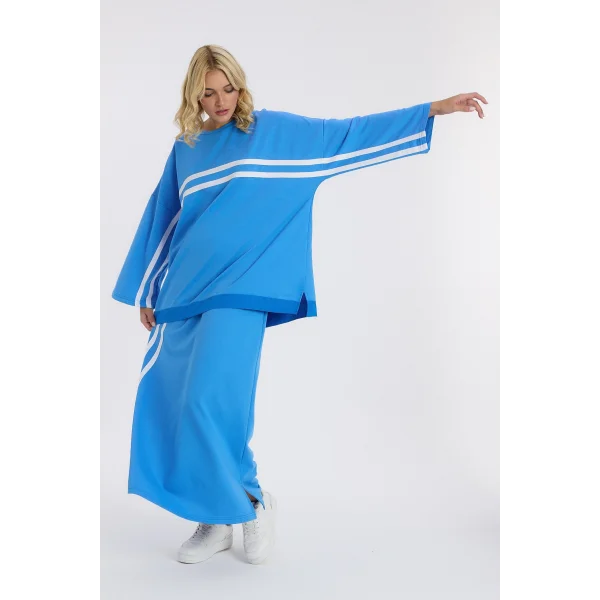 Şerit detay etekli takım-mavi