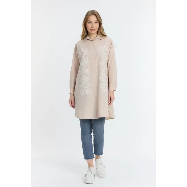 Şili çiçek figürlü oversize kadın gömlek-Bej