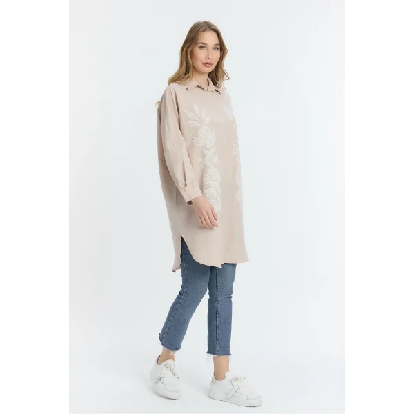 Şili çiçek figürlü oversize kadın gömlek-Bej