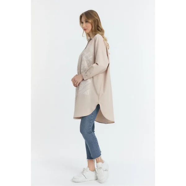 Şili çiçek figürlü oversize kadın gömlek-Bej