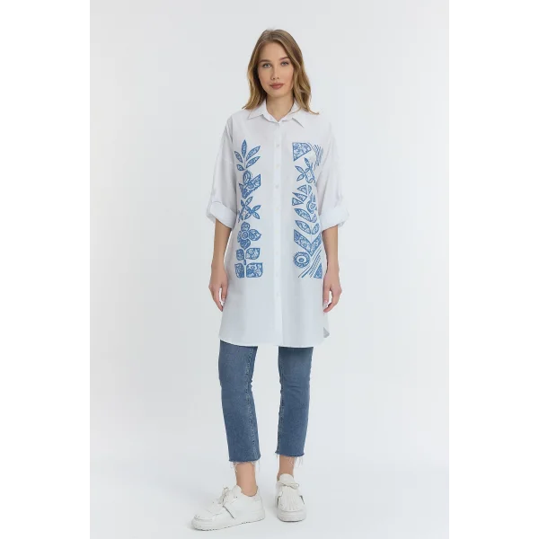 Şili çiçek figürlü oversize kadın gömlek-Beyaz