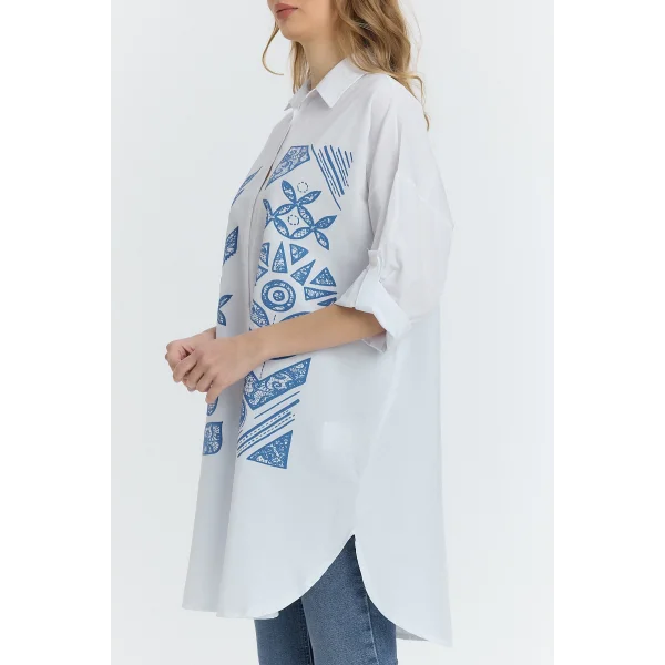 Şili çiçek figürlü oversize kadın gömlek-Beyaz