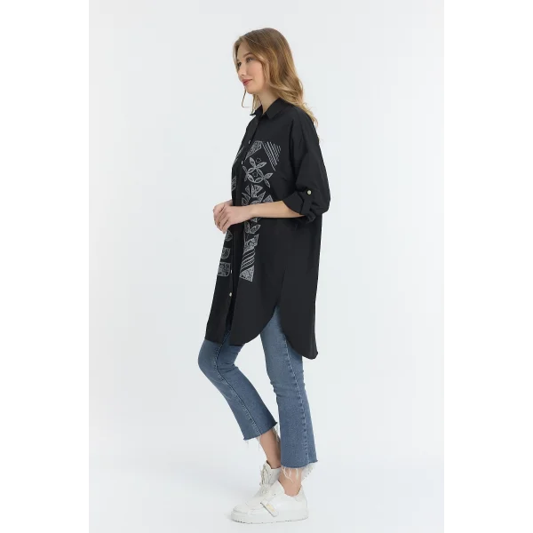 Şili çiçek figürlü oversize kadın gömlek-Siyah