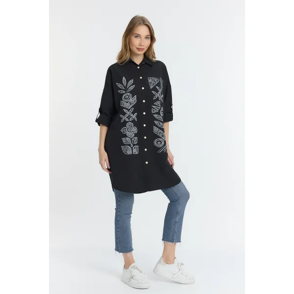 Şili çiçek figürlü oversize kadın gömlek-Siyah