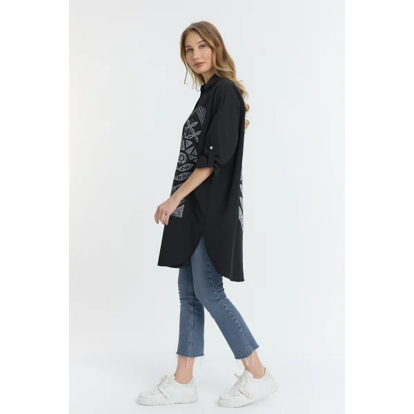Şili çiçek figürlü oversize kadın gömlek-Siyah