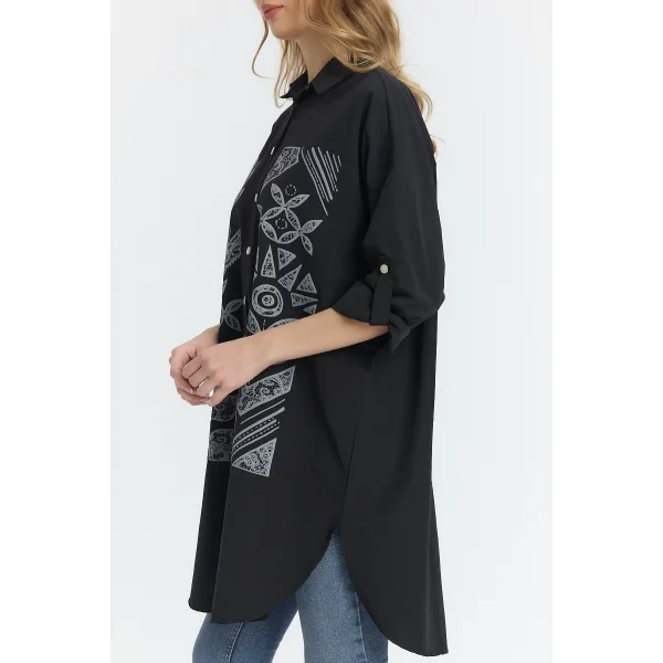 Şili çiçek figürlü oversize kadın gömlek-Siyah