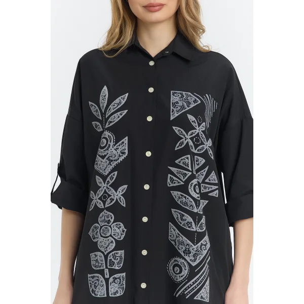 Şili çiçek figürlü oversize kadın gömlek-Siyah