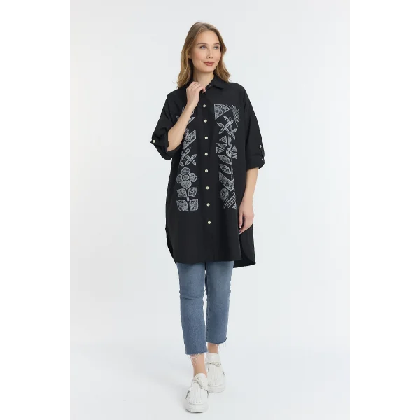 Şili çiçek figürlü oversize kadın gömlek-Siyah