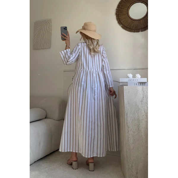 Beyaz Çizgili Payet ve Güpür İşlemeli Tam Boy Kadın Elbise