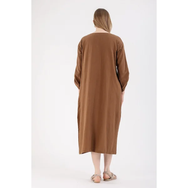 Süs Patlı Tokalı Keten Elbise-Kahve
