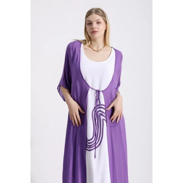 Süzeneli elbise ve hırka takım-mor