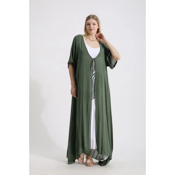 Süzeneli elbise ve hırka takım-yeşil