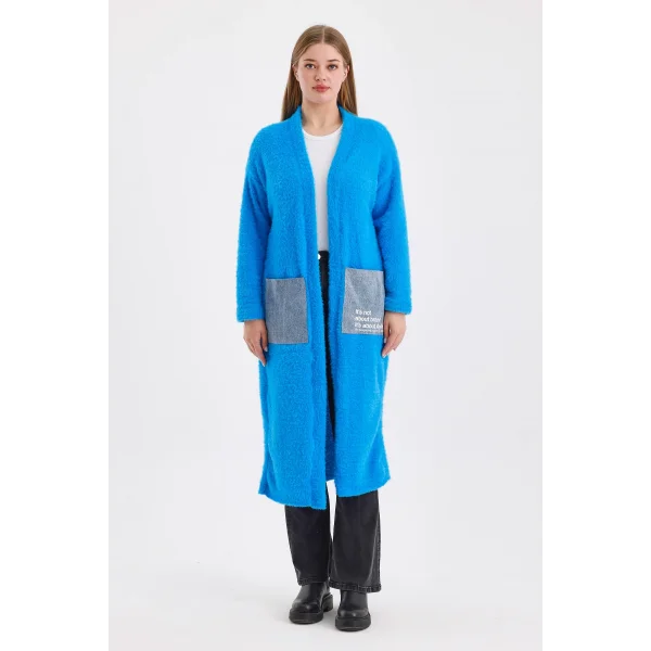 Peluş Kot Garnili Kaftan-Mavi