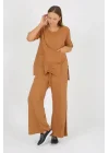Kadın Pamuklu Büzgülü Bluz ve Pantolon Takımı-Kamel