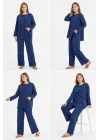 Kadın İndigo İkili Takım Salaş Kesim Cepli Bluz Bol Paça Pantolon Takım