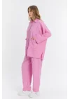 Çift cepli keten oversize italyan ikili takım-Pembe
