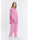 Çift cepli keten oversize italyan ikili takım-Pembe