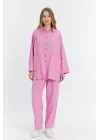 Çift cepli keten oversize italyan ikili takım-Pembe
