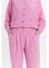 Çift cepli keten oversize italyan ikili takım-Pembe